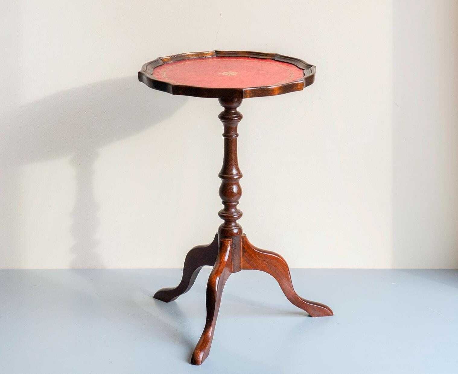 Vintage Leather Top Wine Table   English Style Side Table   Round Wooden Accent Table