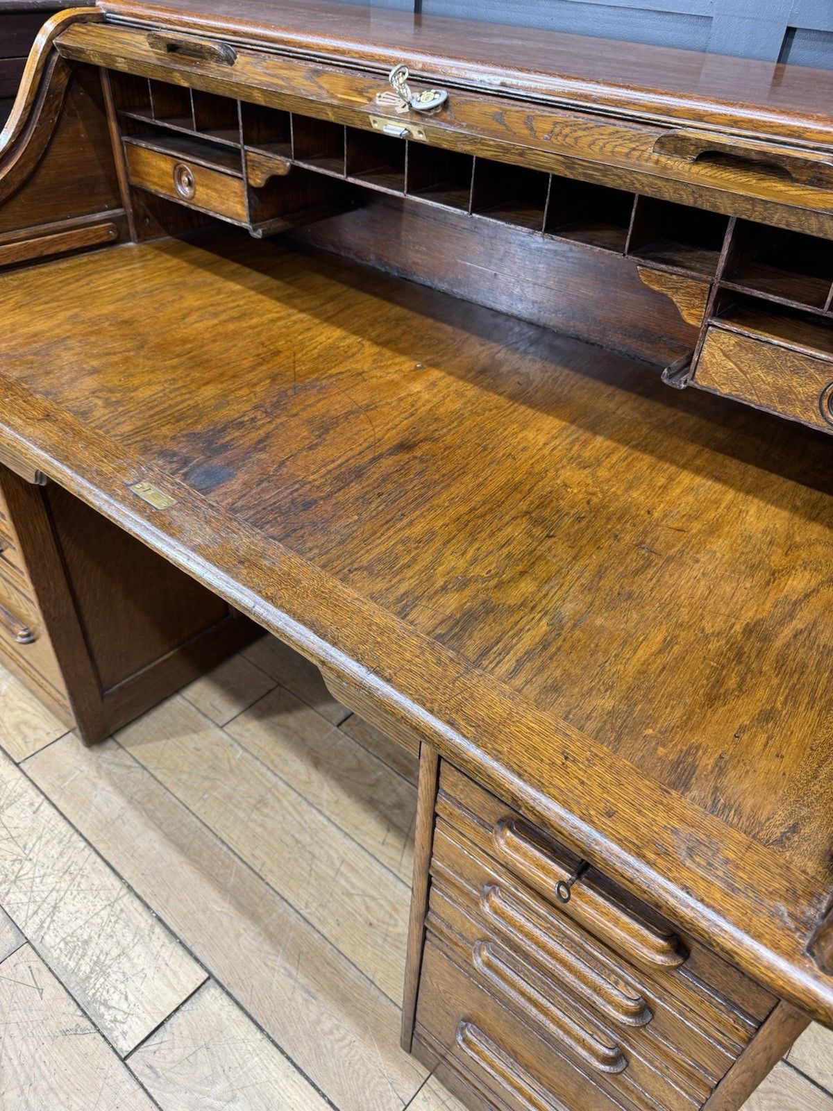 photo for sale Edwardian Oak Roll Top Pedestal Desk Writing Desk With Fitted Interior