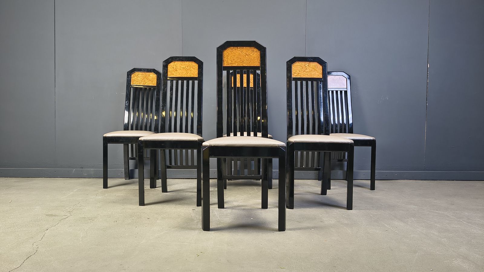 Furniture Vintage Burl Wood And Lacquer Dining Chairs, 1980s photo