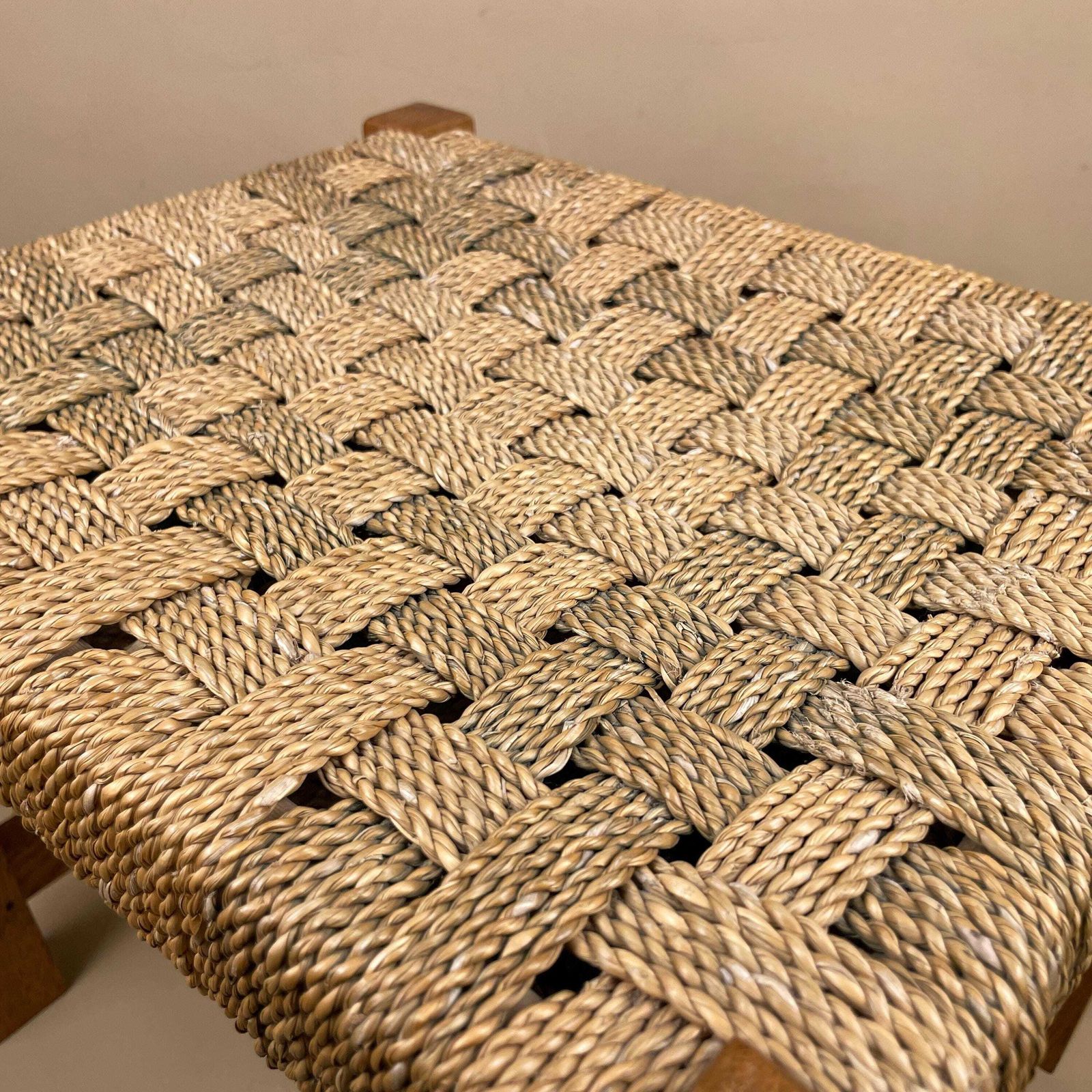 Wooden String Foot Stool Wood Frame Farmhouse Cottage Furniture Brown Woven Top Footstool Vintage photo Furniture