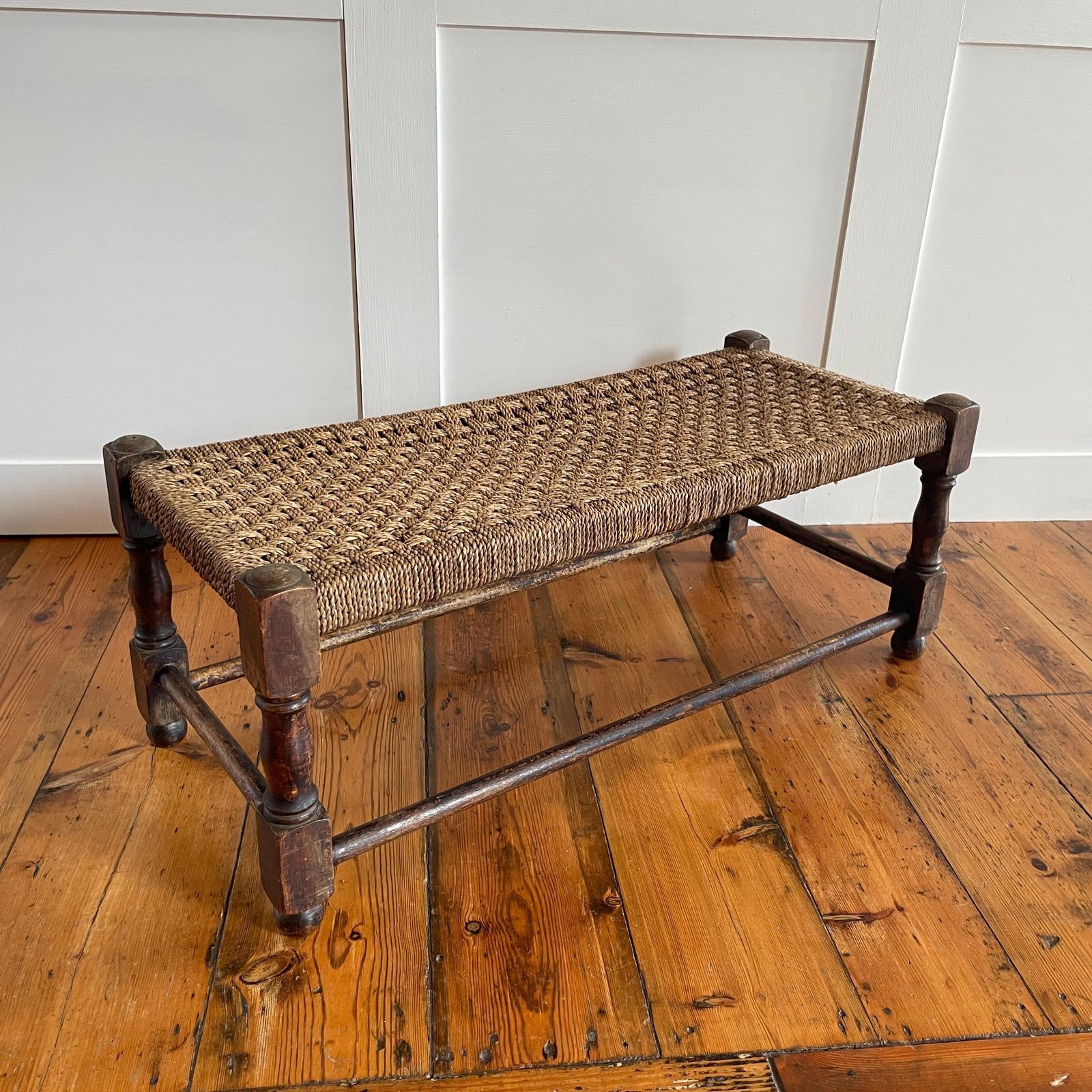 Rush Seat Wooden Bench Long Rustic Woven Stool Farmhouse Entryway Hall Footstool Antique Style photo for sale