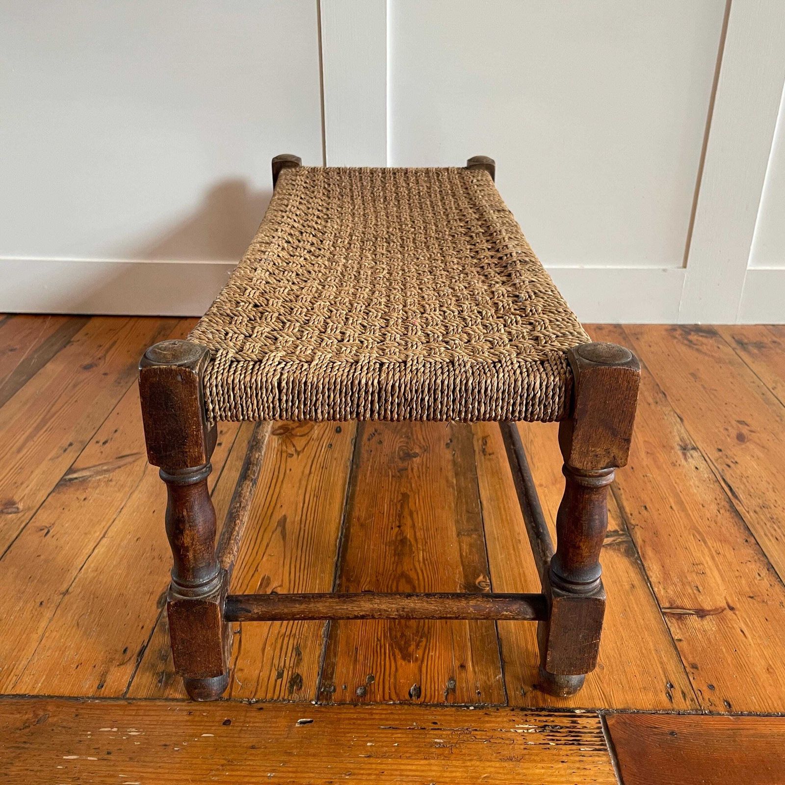 Rush Seat Wooden Bench Long Rustic Woven Stool Farmhouse Entryway Hall Footstool Antique Style photo 135.0