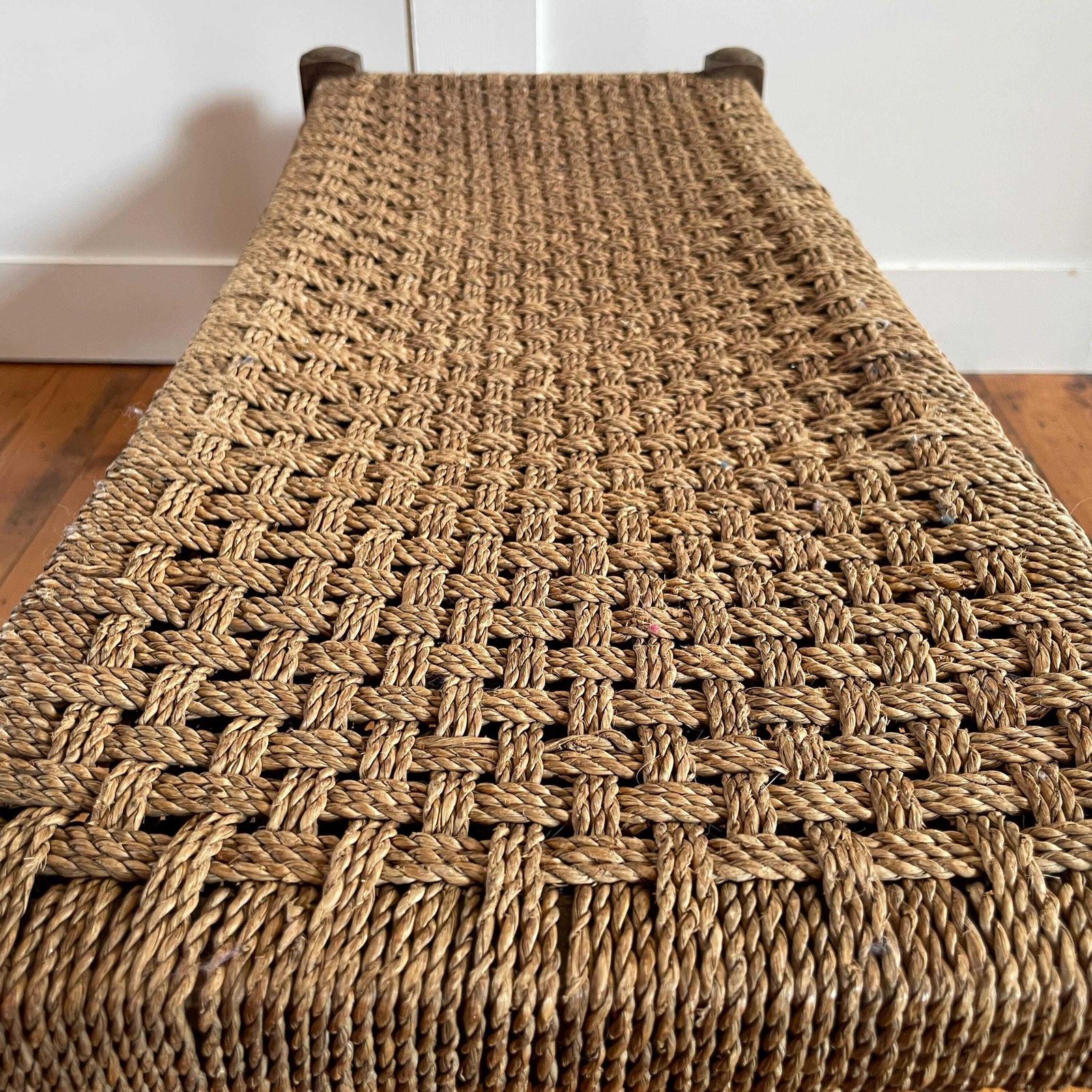 Rush Seat Wooden Bench Long Rustic Woven Stool Farmhouse Entryway Hall Footstool Antique Style photo vinterior