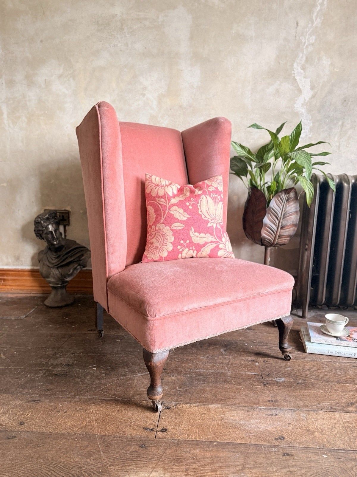 Rare Antique Mahogany (Horse Hair) Lady's Small Rose Pink High Wingback Chair photo for sale