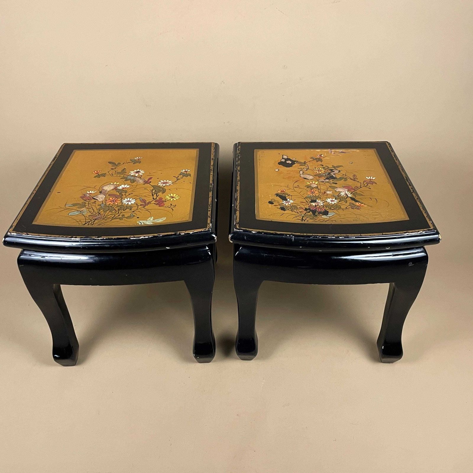 Pair Chinese Side Tables Hand Painted Gold Floral Top Black Curved Front Wood Vintage Chinoiserie Accent Tables Oriental photo buy