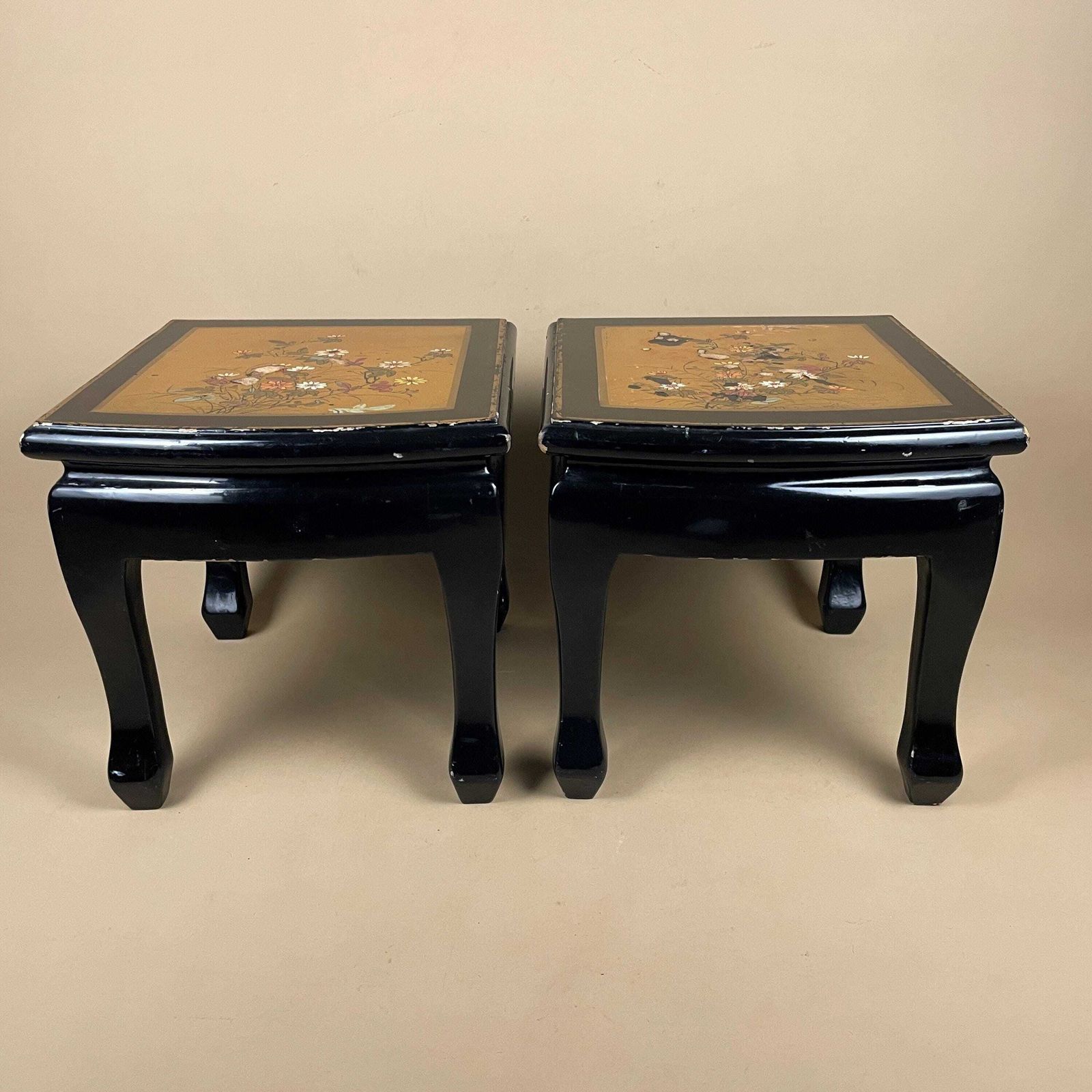 Pair Chinese Side Tables Hand Painted Gold Floral Top Black Curved Front Wood Vintage Chinoiserie Accent Tables Oriental photo vintage