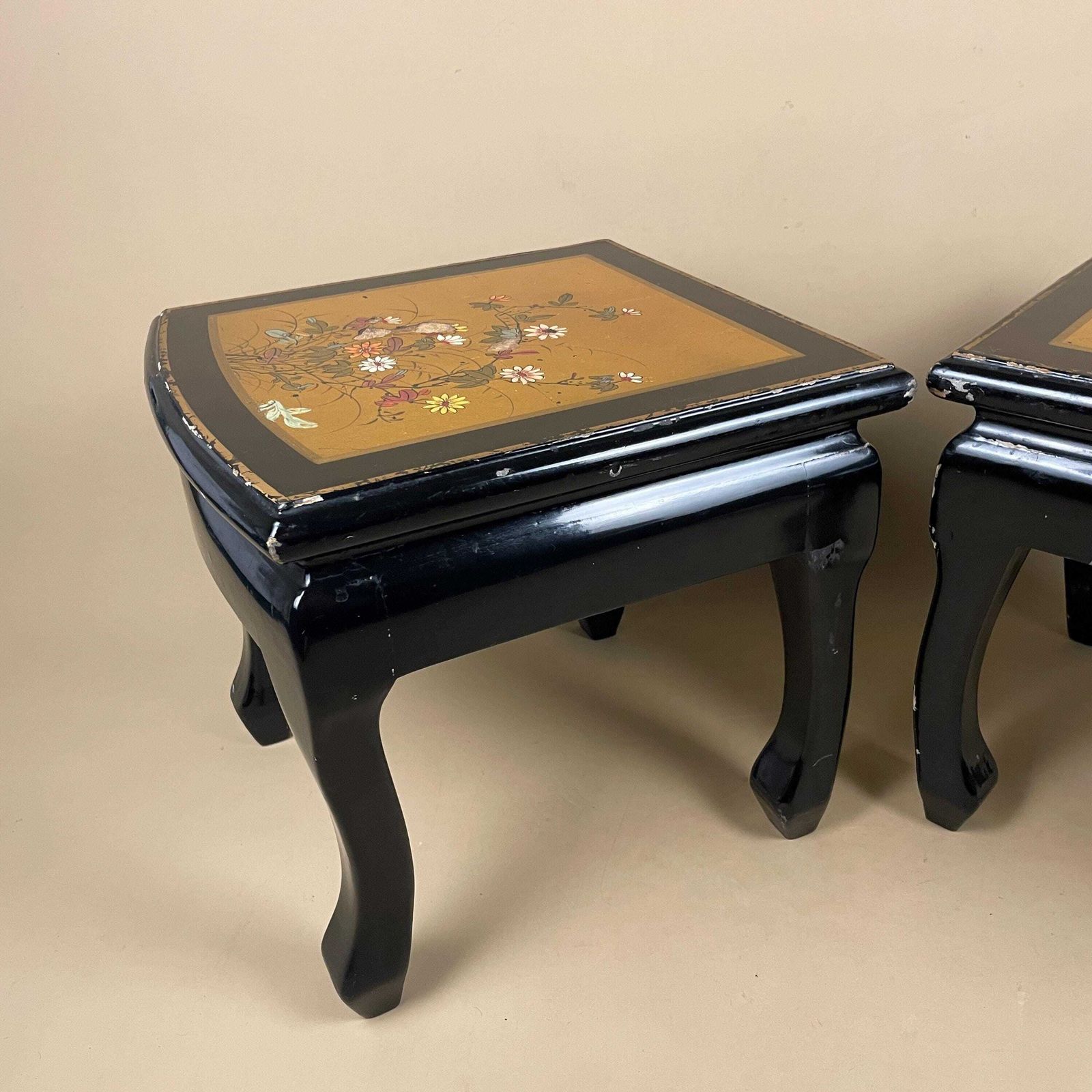Furniture Pair Chinese Side Tables Hand Painted Gold Floral Top Black Curved Front Wood Vintage Chinoiserie Accent Tables Oriental photo