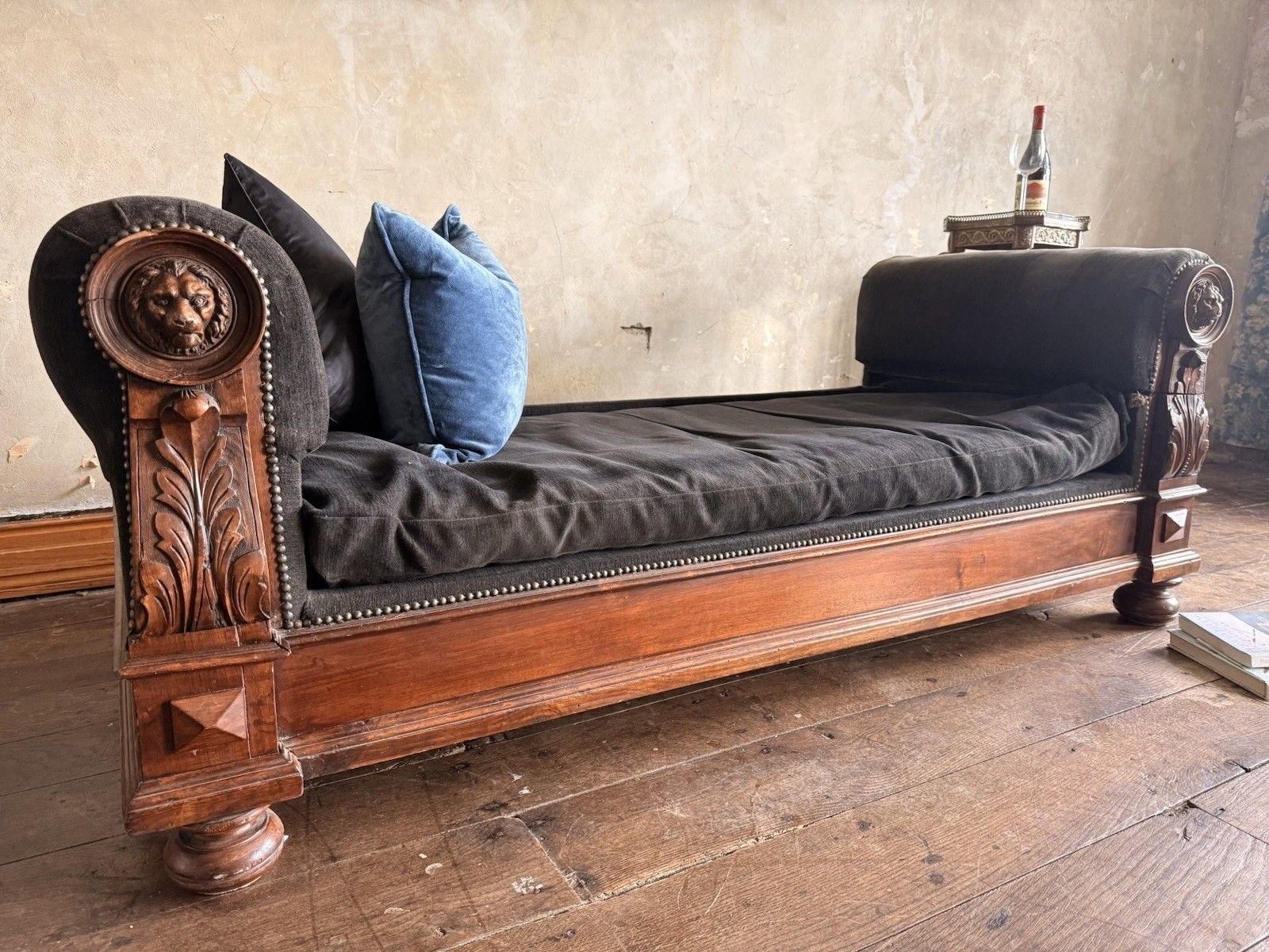 Rare Grey Black Antique Drop End Window Seat Daybed Chaise Longue Sofa 1880 C photo for sale