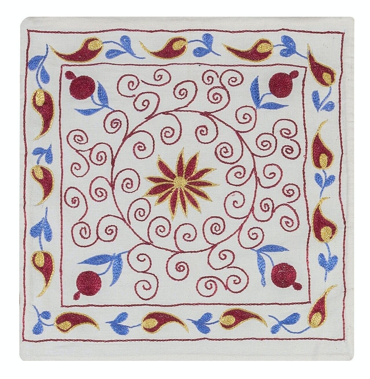 Decoratieve zijden borduurwerk kussenhoes met kant, handgemaakte Suzani kussen. 17" x 18"