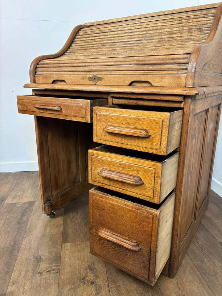 Edwardian Oak Small Roll Top Desk photo vintage