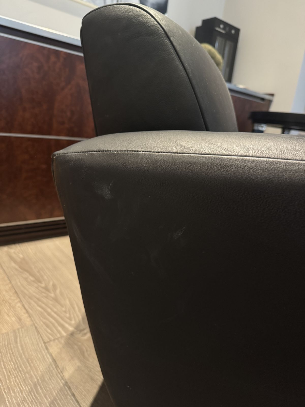 David Linley Armchair Chair And Footstool   Black Leather And Wanut photo furniture