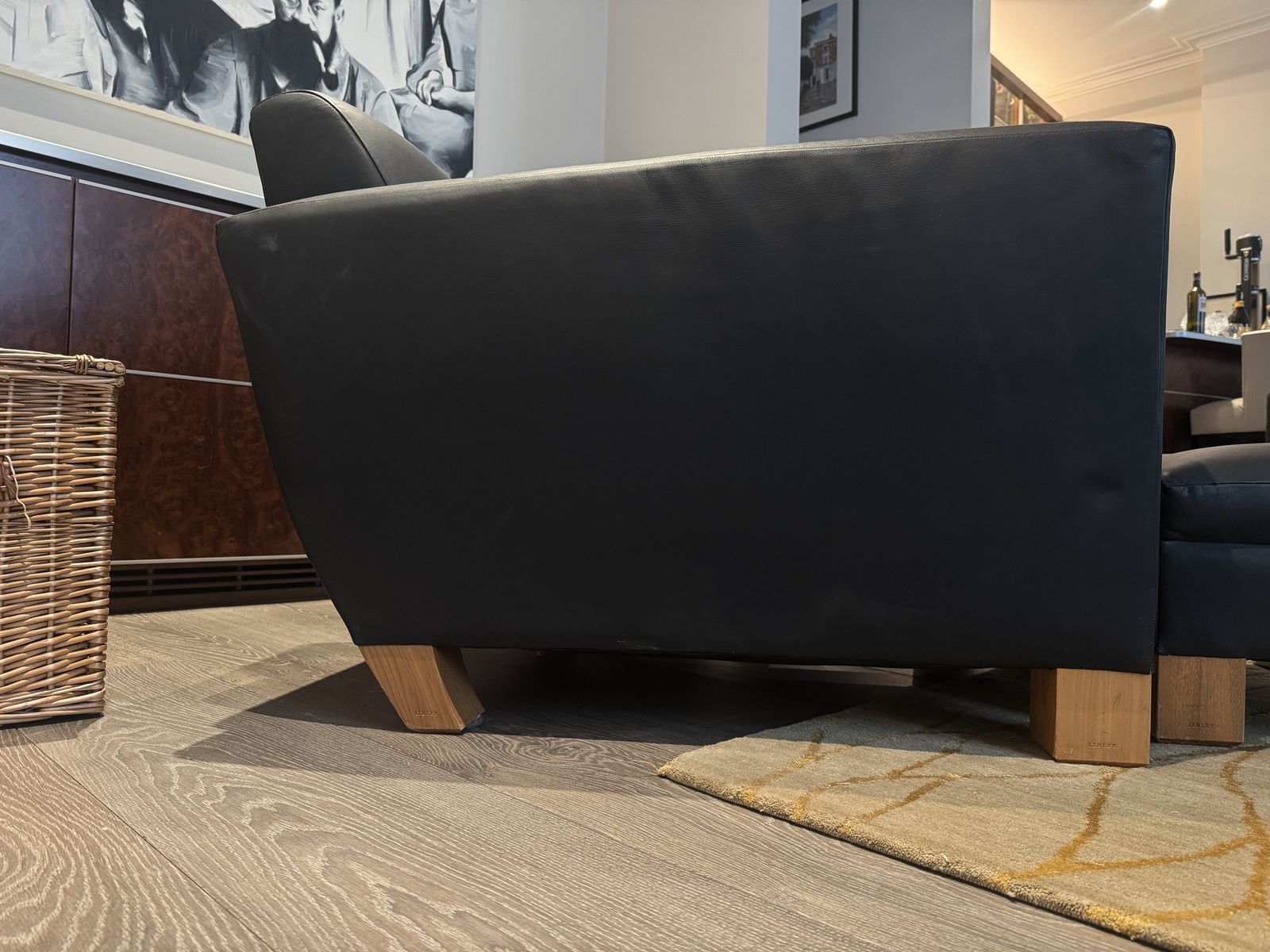 David Linley Armchair Chair And Footstool   Black Leather And Wanut photo for sale