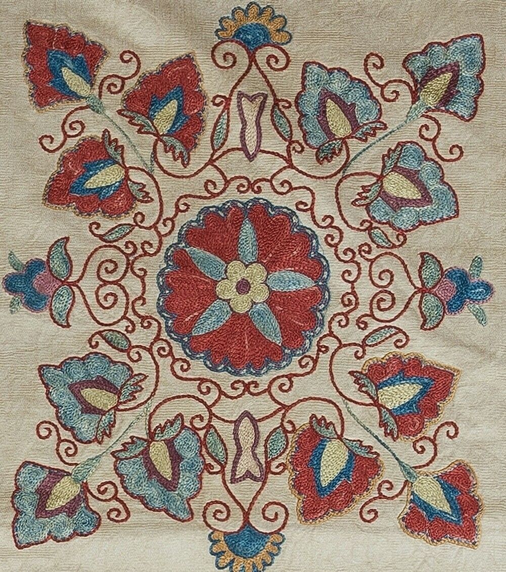 19"X21" Handmade 100% Silk Cushion Cover From Uzbekistan, Floral Lace Pillow photo for sale