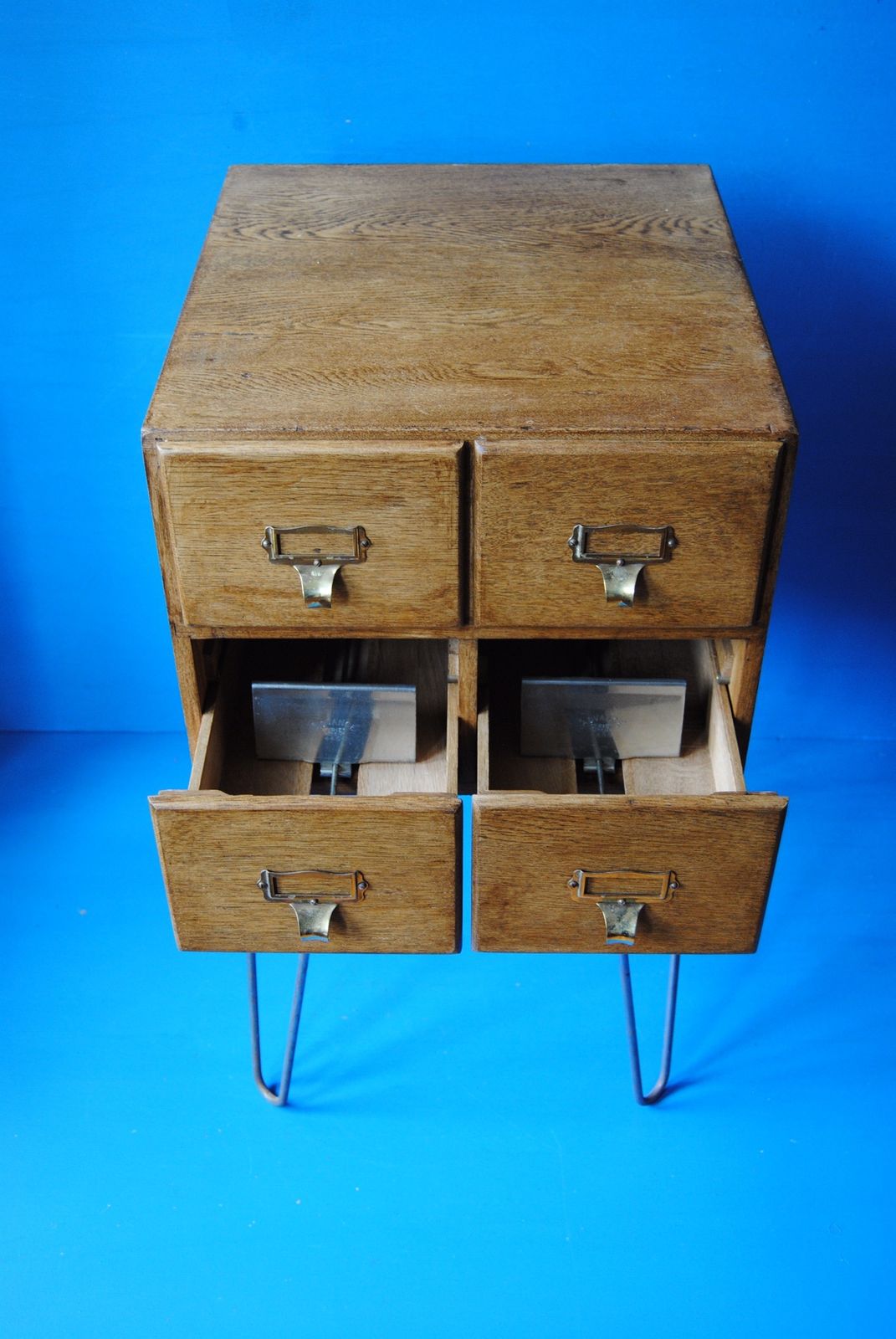 Vintage Oak Four Drawer Library Card Index Cabinet On Hairpin Legs photo furniture