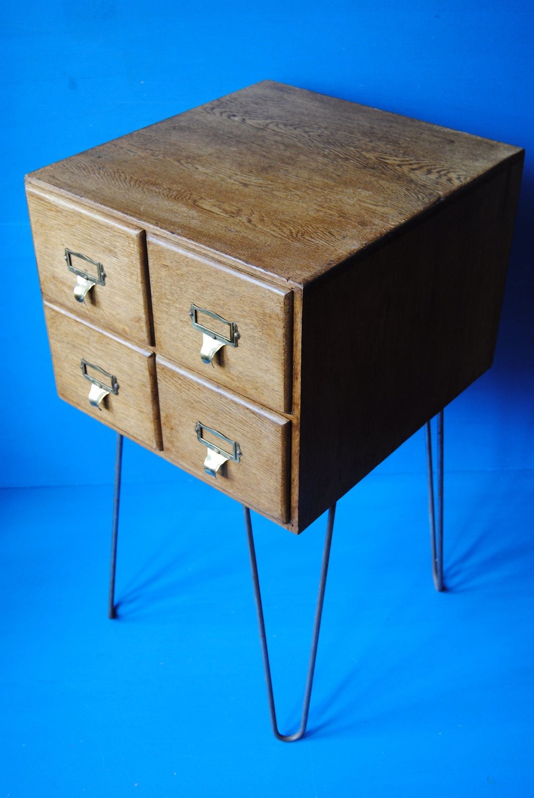 Vintage Oak Four Drawer Library Card Index Cabinet On Hairpin Legs photo vinterior