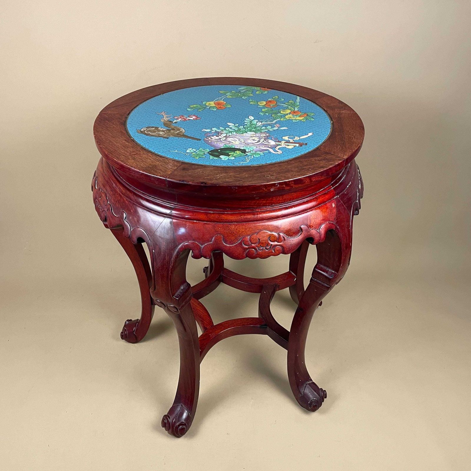 Oriental Cloisonne Wood Table Round Carved Red Hardwood Side Accent End Table Vintage Asian Blue Top Floral photo furniture