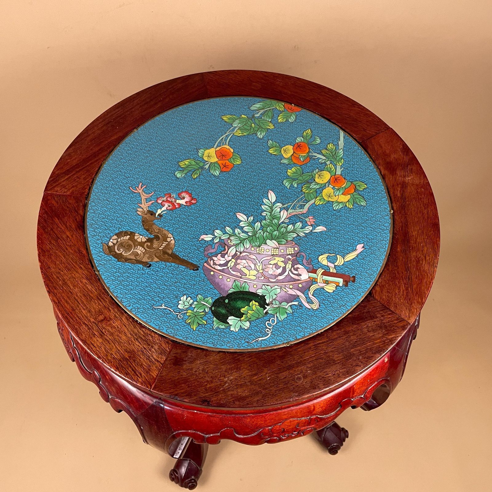 Oriental Cloisonne Wood Table Round Carved Red Hardwood Side Accent End Table Vintage Asian Blue Top Floral photo for sale
