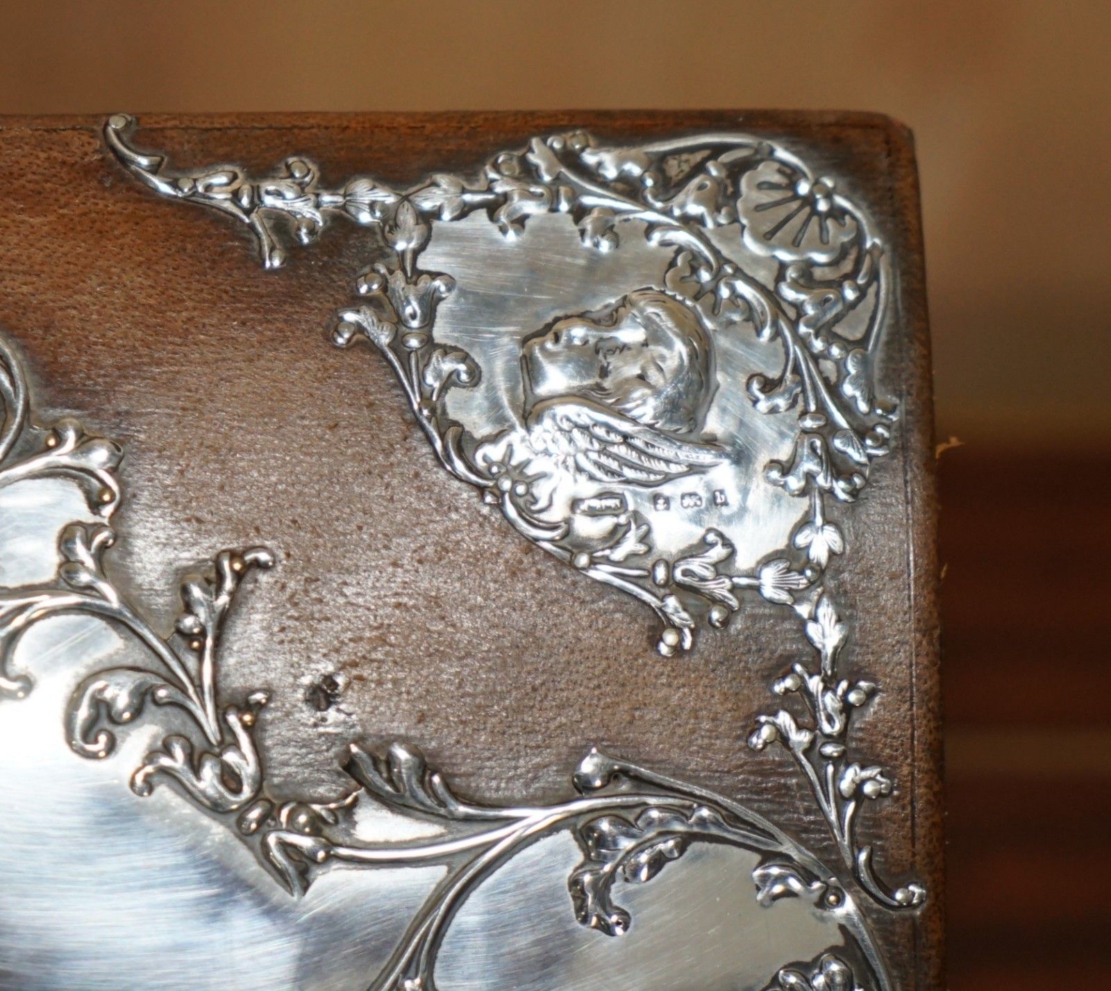 1901 Birmingham Made Matthew John Jessop Sterling Silver Cherub Stationery Box photo vintage