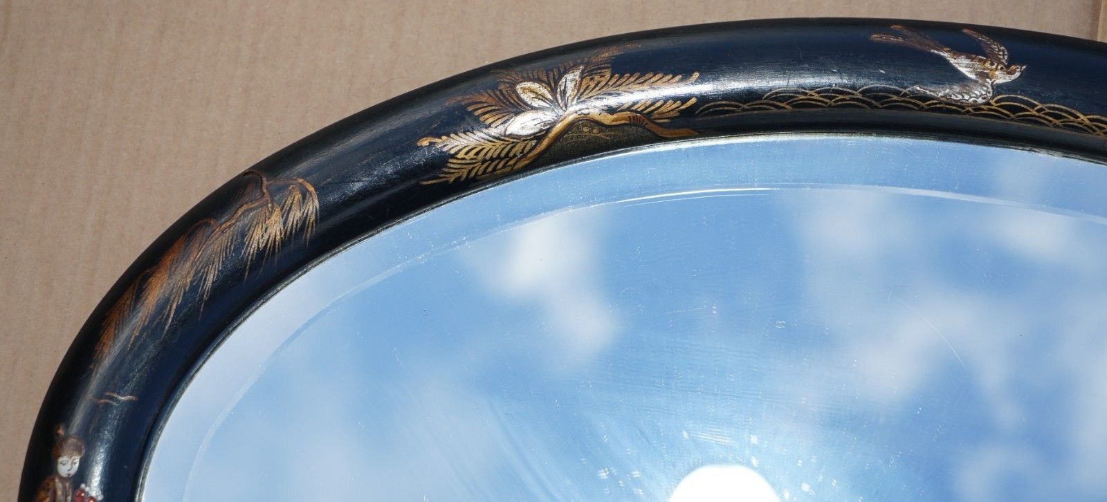 Lovely Antique Chinese Chinoiserie Oval Framed Mirror With Ornate Hand Paintings photo vinterior