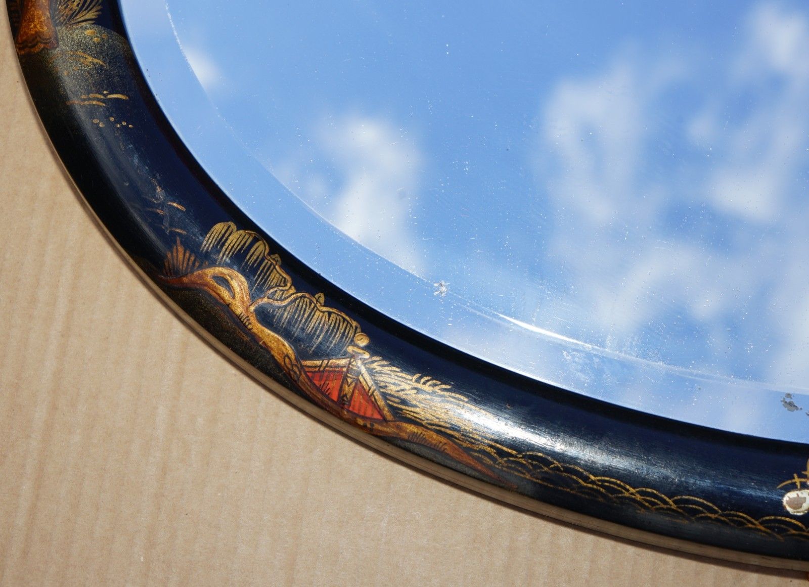 Lovely Antique Chinese Chinoiserie Oval Framed Mirror With Ornate Hand Paintings photo vintage