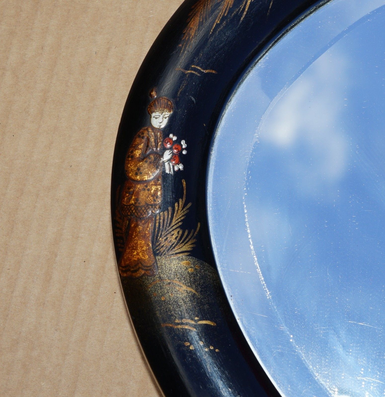 photo for sale Lovely Antique Chinese Chinoiserie Oval Framed Mirror With Ornate Hand Paintings