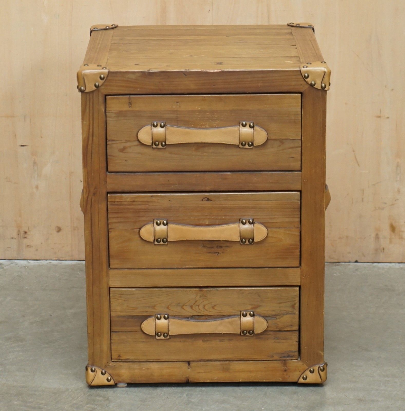 Recliamed Wood & Brown Leather Three Drawer Side End Nightstand Side End Table photo furniture