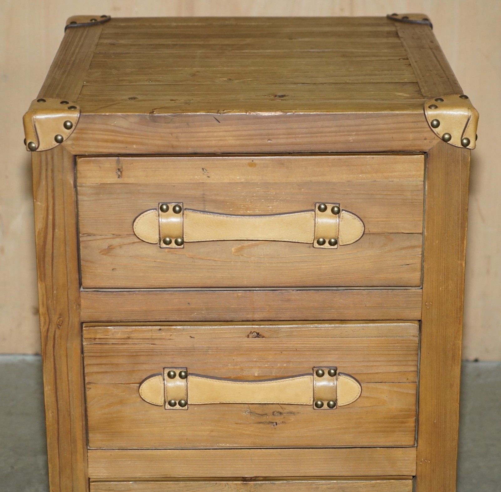 Recliamed Wood & Brown Leather Three Drawer Side End Nightstand Side End Table photo Furniture