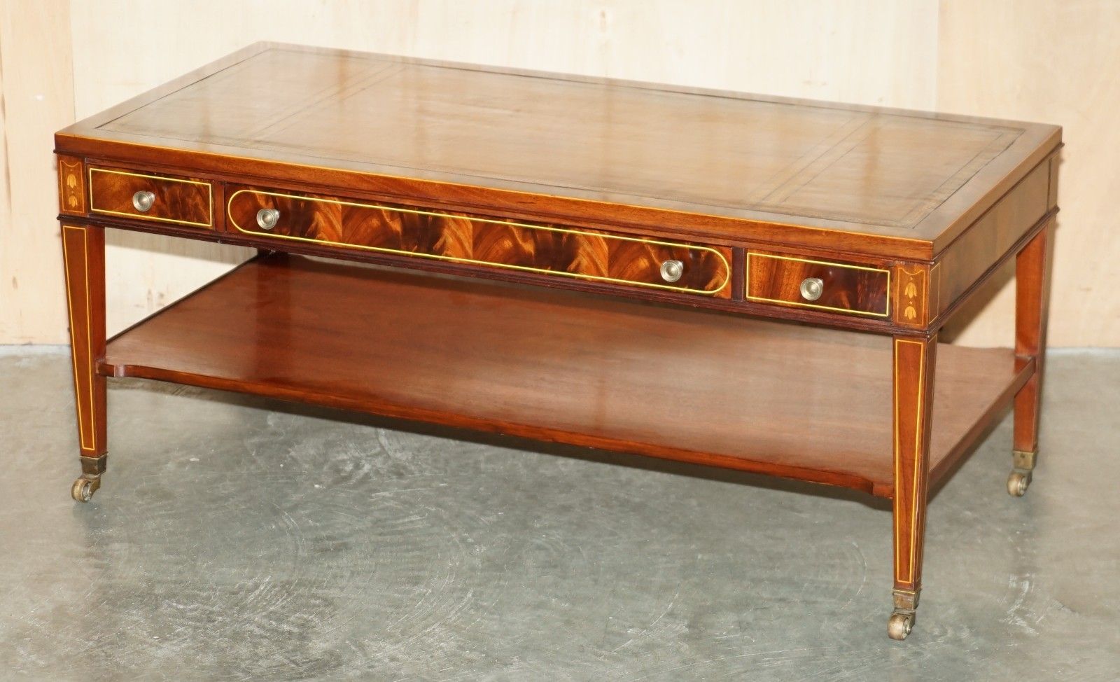 Exquisite Hand Dyed Brown Leather Sheraton Inlaid Flamed Mahogany Coffee Table photo furniture