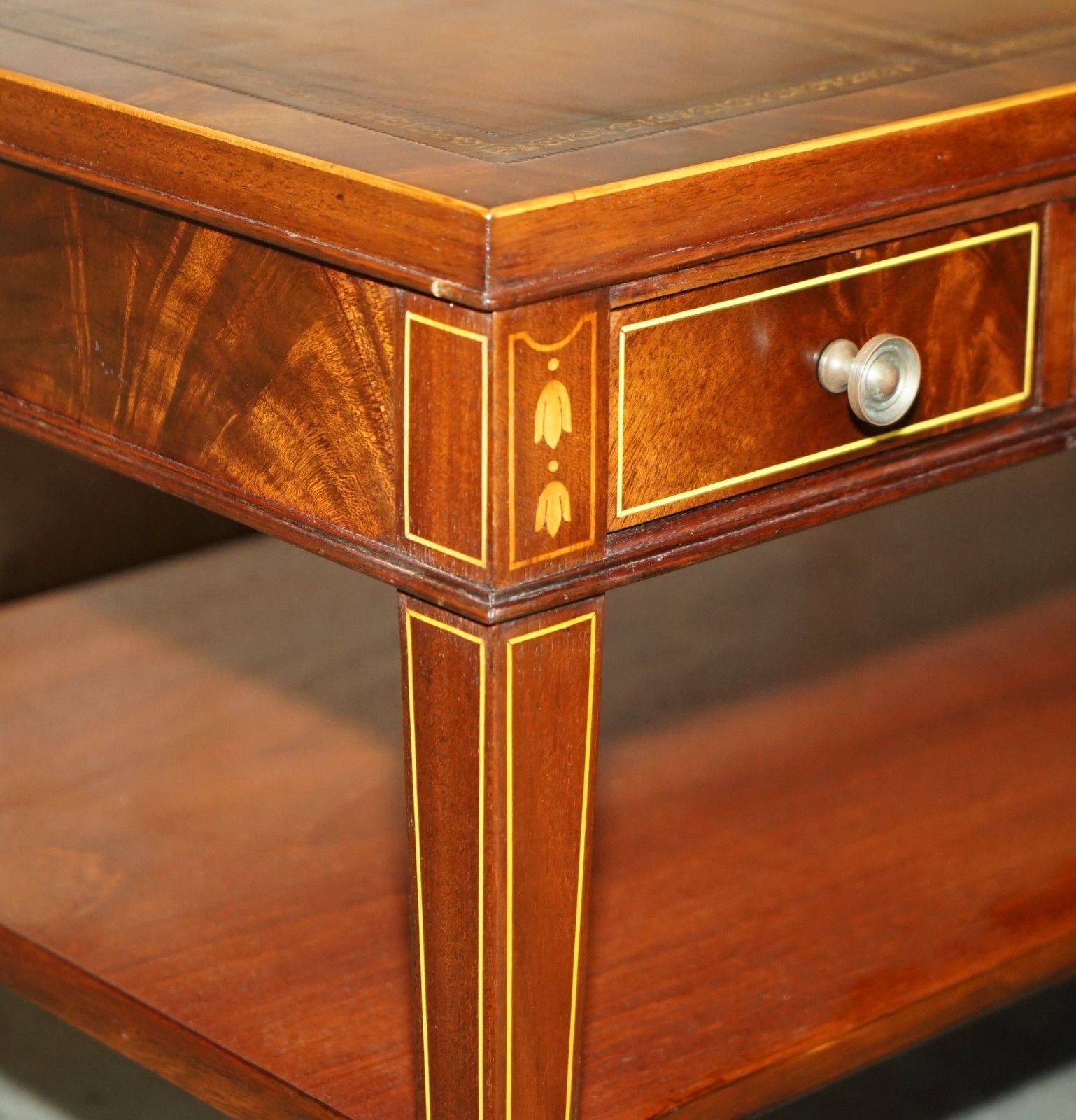 photo for sale Exquisite Hand Dyed Brown Leather Sheraton Inlaid Flamed Mahogany Coffee Table