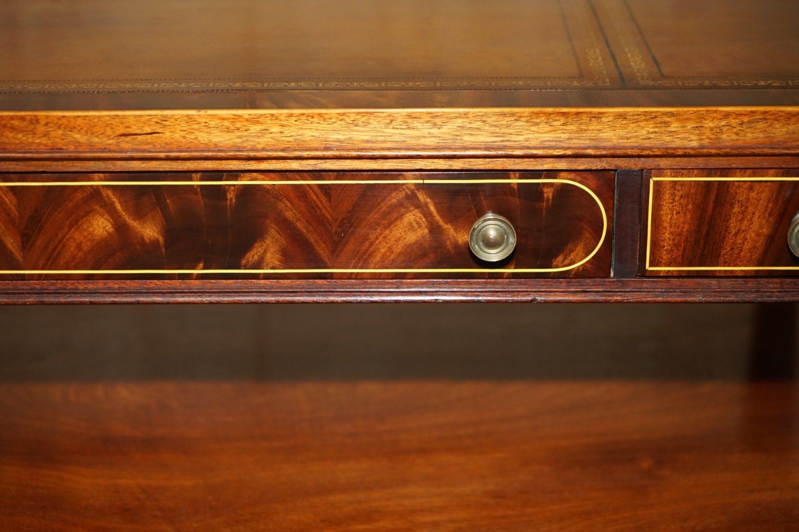 photo buy Exquisite Hand Dyed Brown Leather Sheraton Inlaid Flamed Mahogany Coffee Table
