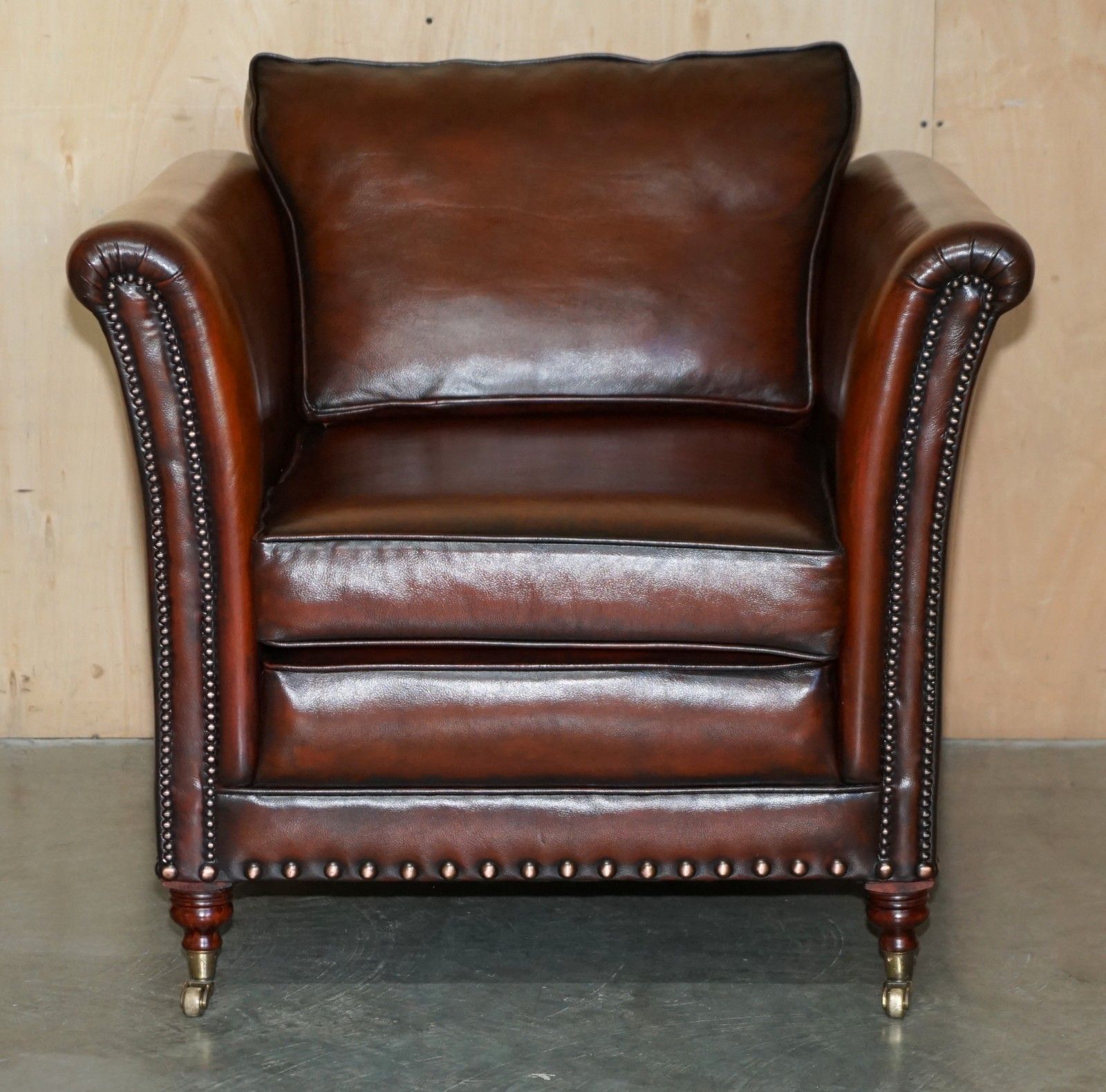 Fully Restored Victorian Style Brown Leather Armchair With English Brass Castors photo furniture