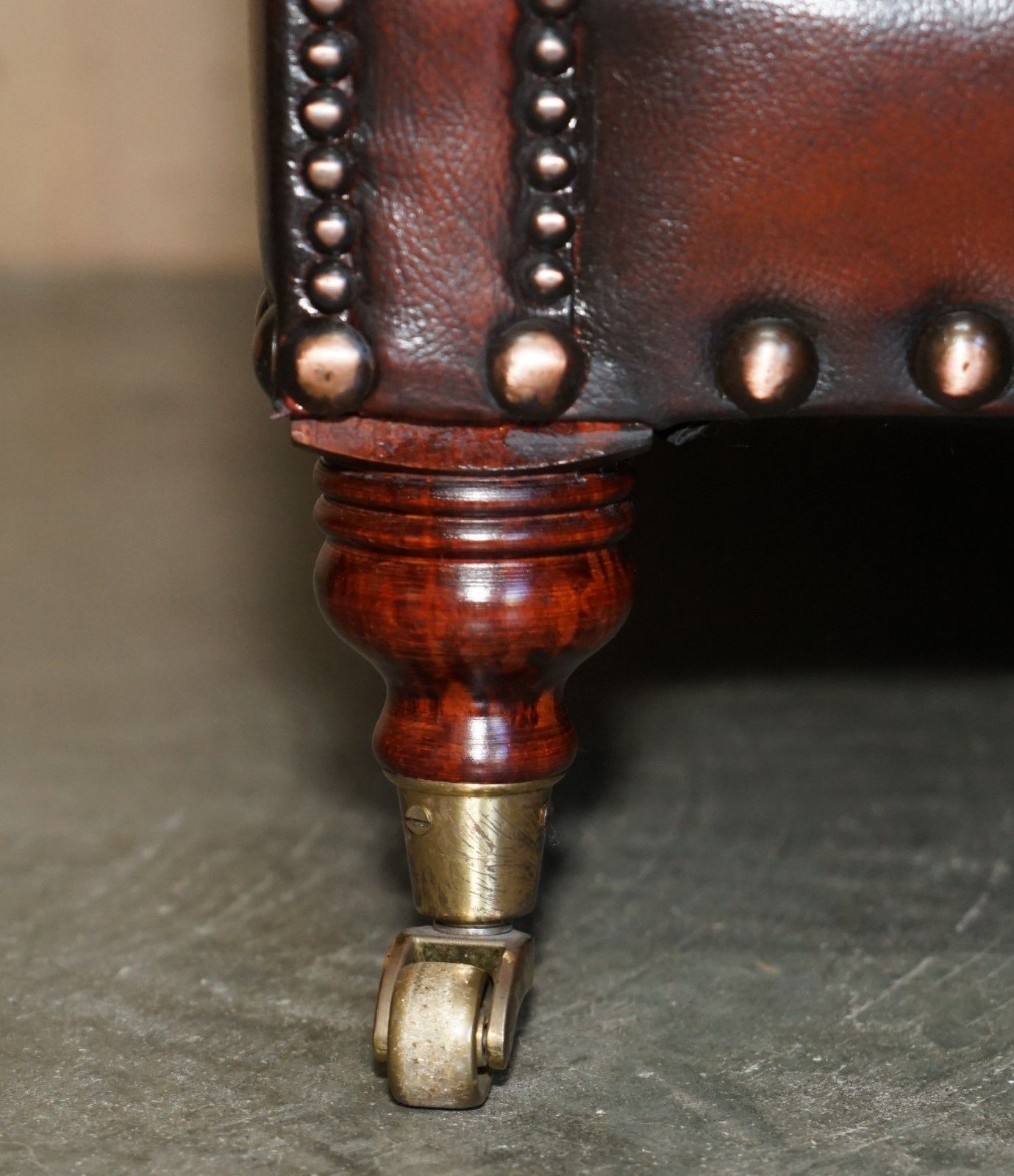 Fully Restored Victorian Style Brown Leather Armchair With English Brass Castors photo buy