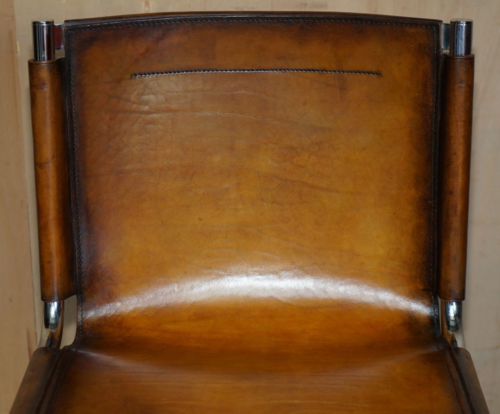 Four Restored Acerbis Jot Giotto Stoppino Brown Leather Chrome Dining Chairs photo vinterior