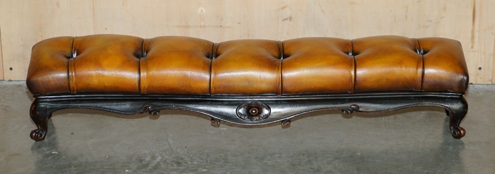97.5cm Victorian Chesterfield Brown Leather Club Fender Log Burner Footstool photo for sale