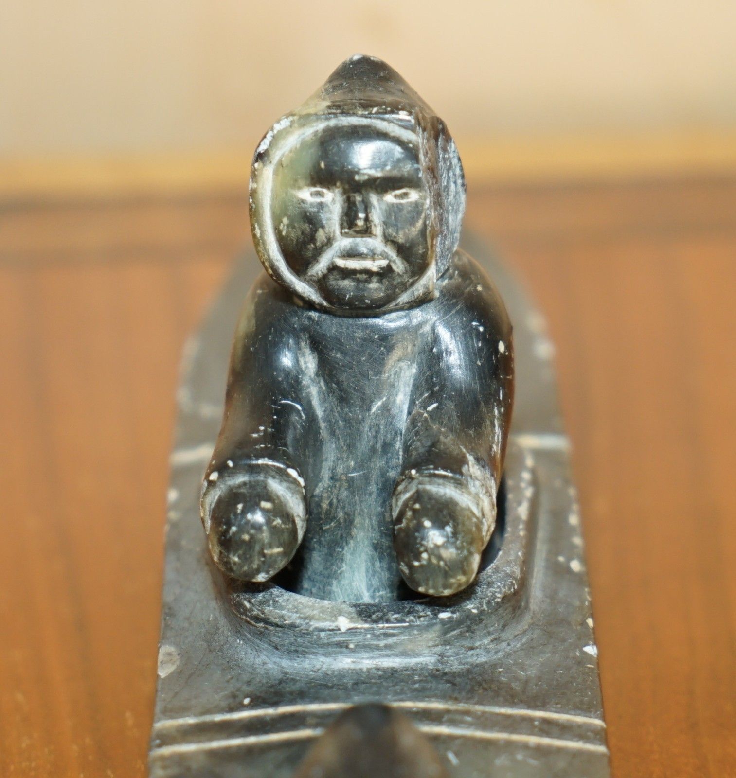 photo furniture Fine Alex Patsauq 1917 Signed Serial Number Inuit Eskimo Soapstone Kayak Carving