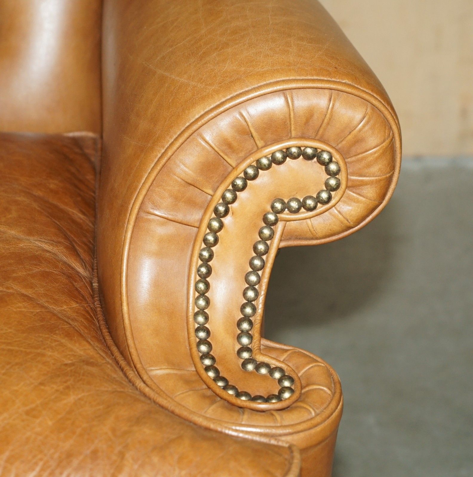 photo for sale Luxury Provasi Italy Chesterfield Hand Dyed Brown Leather Wingback Armchair