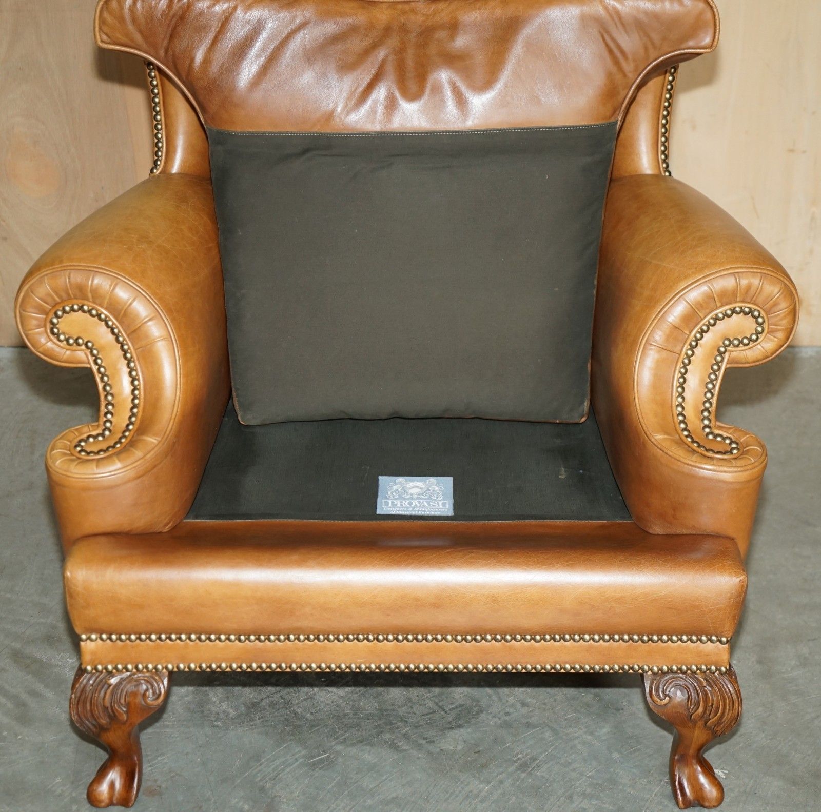 photo vintage Luxury Provasi Italy Chesterfield Hand Dyed Brown Leather Wingback Armchair