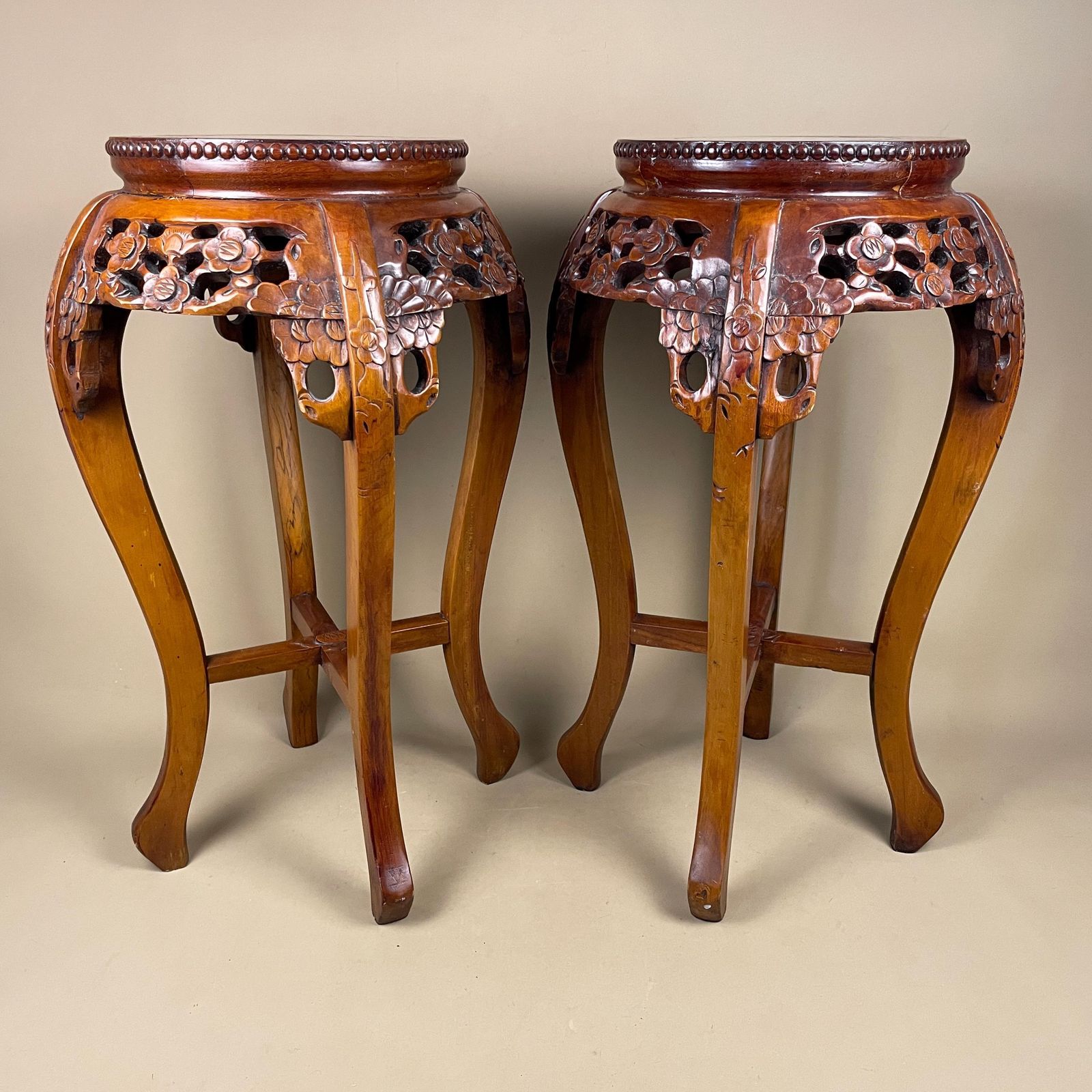 Antique Oriental Plant Stand Table Pair Carved Rosewood Marble Top Chinese Sculpture Display Floral Carving Round Accent photo furniture
