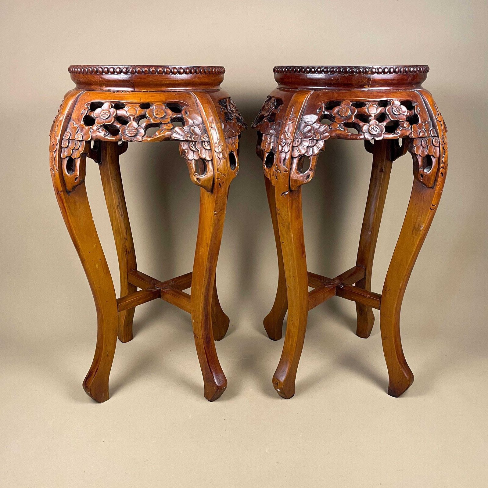 Antique Oriental Plant Stand Table Pair Carved Rosewood Marble Top Chinese Sculpture Display Floral Carving Round Accent photo Home Decor
