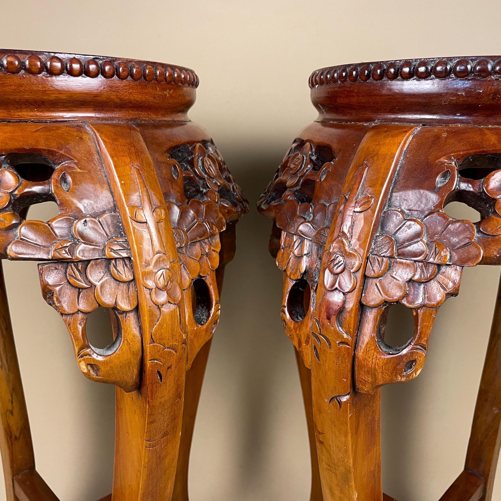 Antique Oriental Plant Stand Table Pair Carved Rosewood Marble Top Chinese Sculpture Display Floral Carving Round Accent photo 995.0