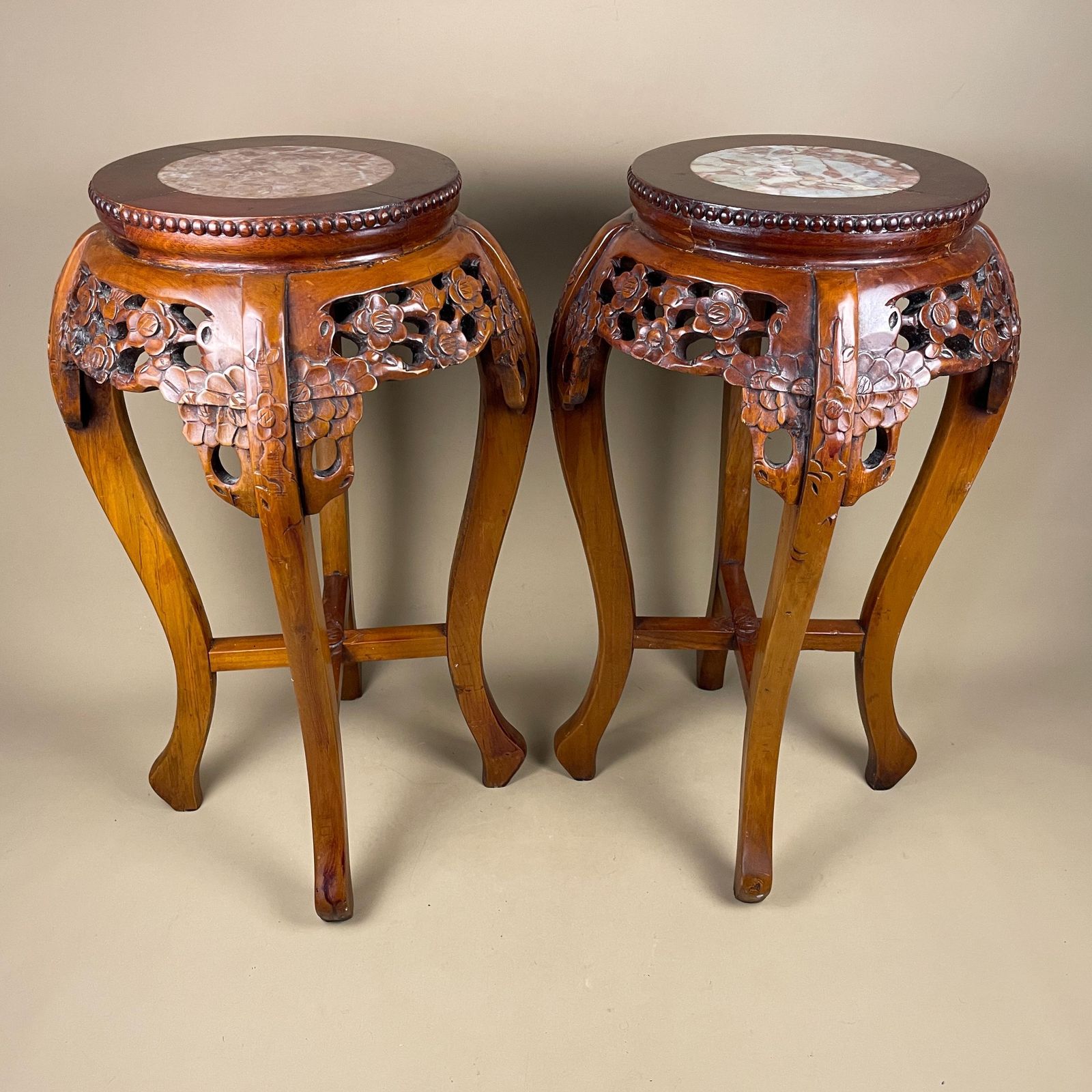 photo for sale Antique Oriental Plant Stand Table Pair Carved Rosewood Marble Top Chinese Sculpture Display Floral Carving Round Accent