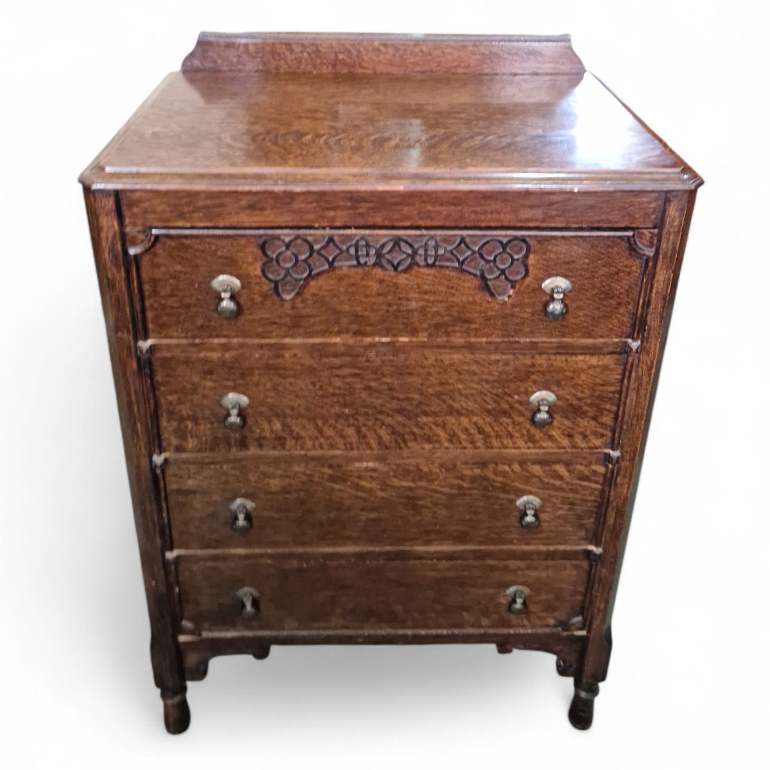 Vintage Oak Tall Chest Of Drawers 4 Drawer Tallboy Carved Detail photo for sale
