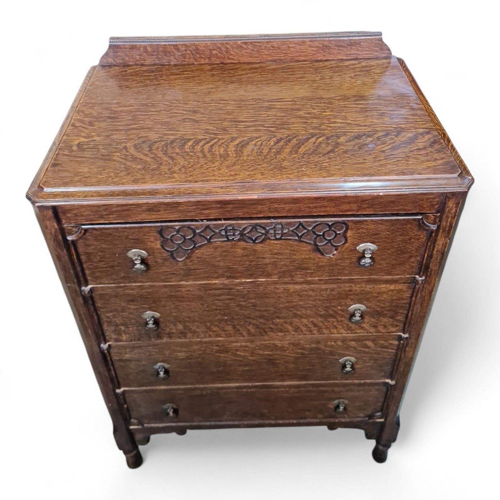 Vintage Oak Tall Chest Of Drawers 4 Drawer Tallboy Carved Detail photo 295.0