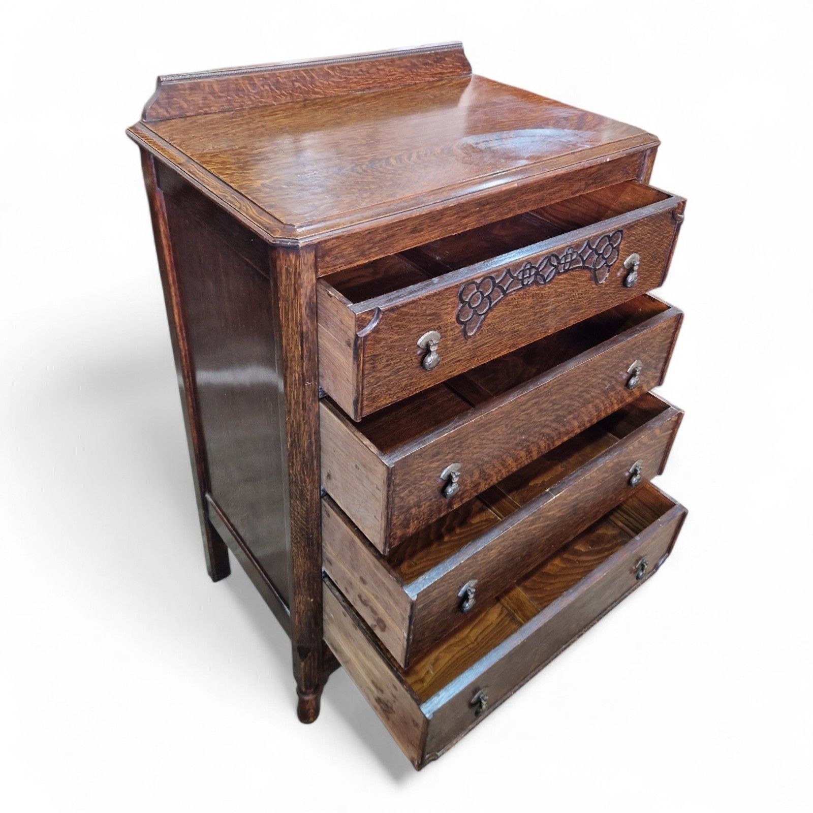 photo buy Vintage Oak Tall Chest Of Drawers 4 Drawer Tallboy Carved Detail