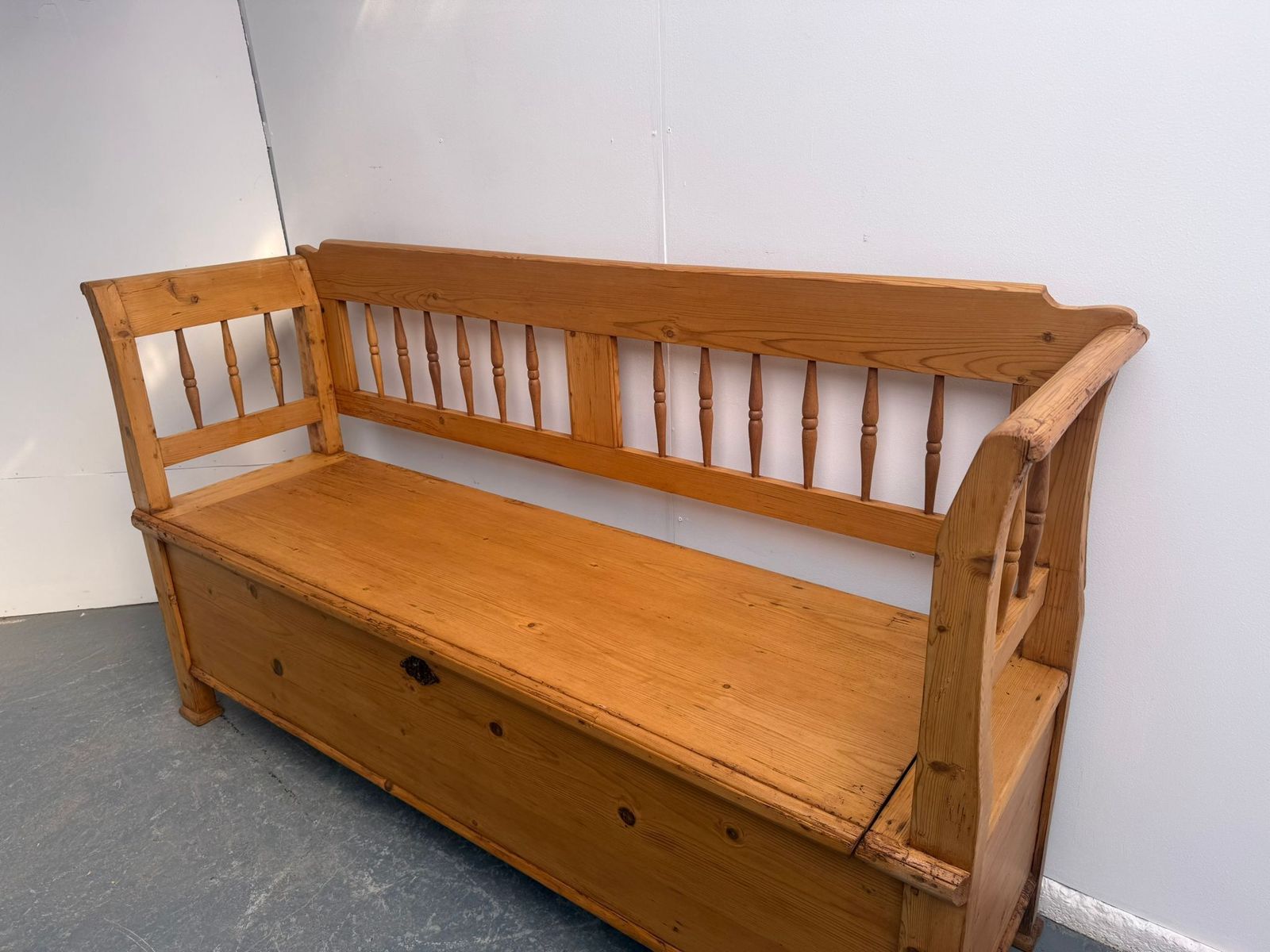 A Lovely Original Hungarian Spindled Pine Waxed Victorian 3 Seater Bench photo furniture