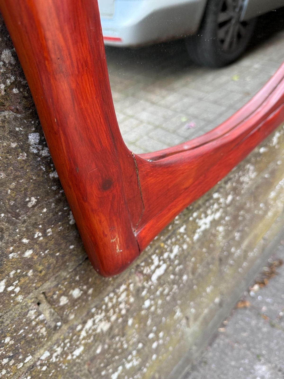 165.0 Mid Century Large Pine Wall Mirror, Sculptural Wooden Frame Dark Red Brown Finish 57cm X 70cm photo
