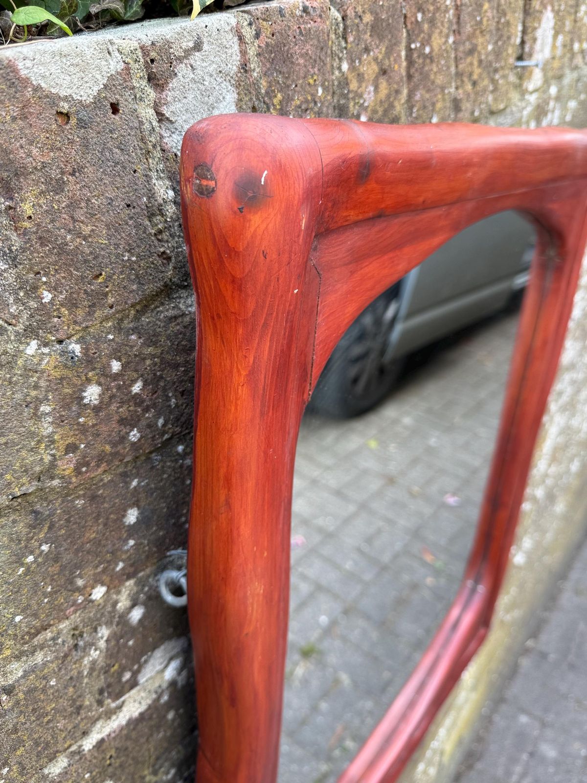 photo vintage Mid Century Large Pine Wall Mirror, Sculptural Wooden Frame Dark Red Brown Finish 57cm X 70cm