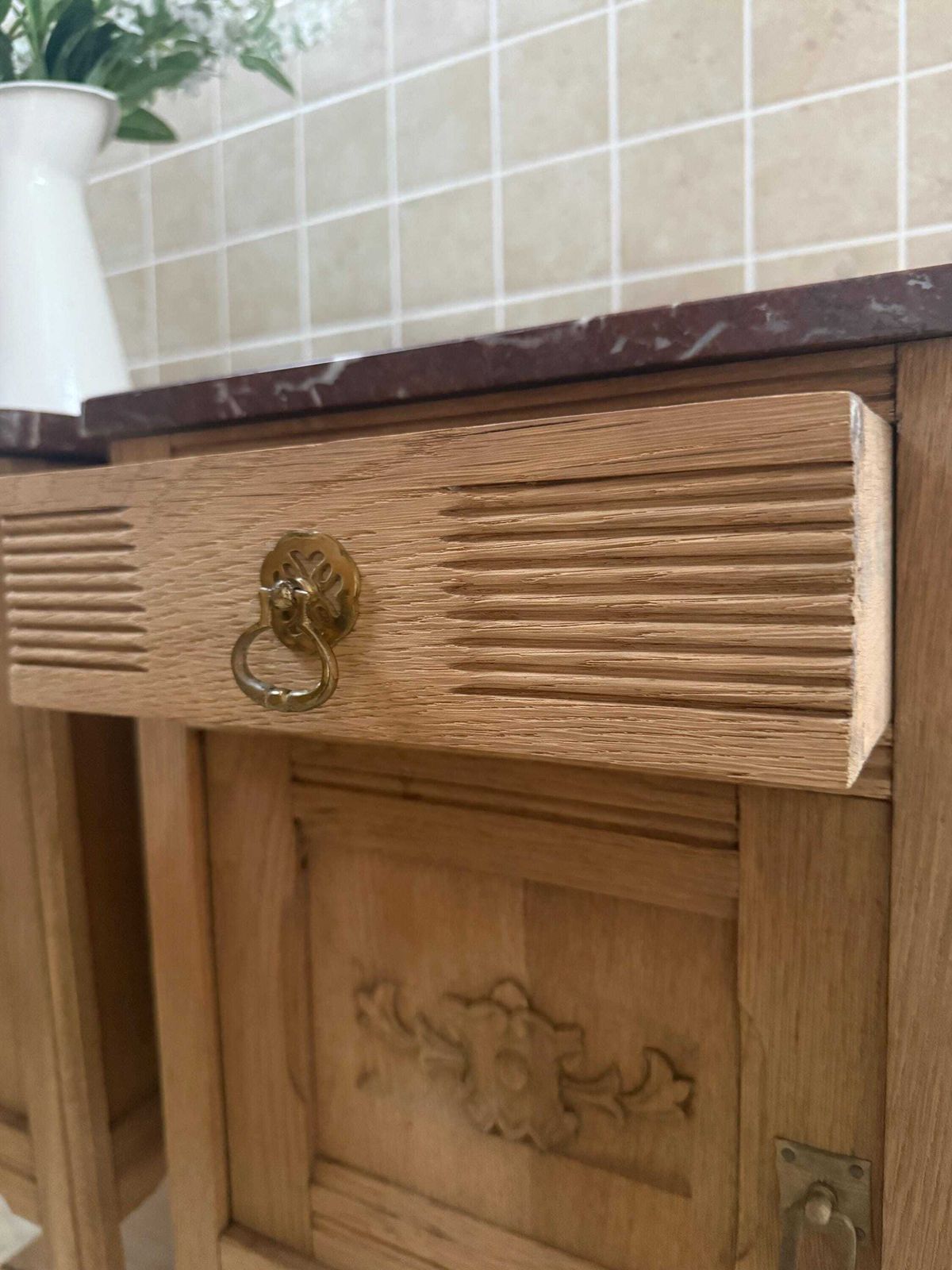 French Sandblasted Oak Bedside Cabinets With Rouge Marble Tops – 1920s Carved Nightstands photo buy