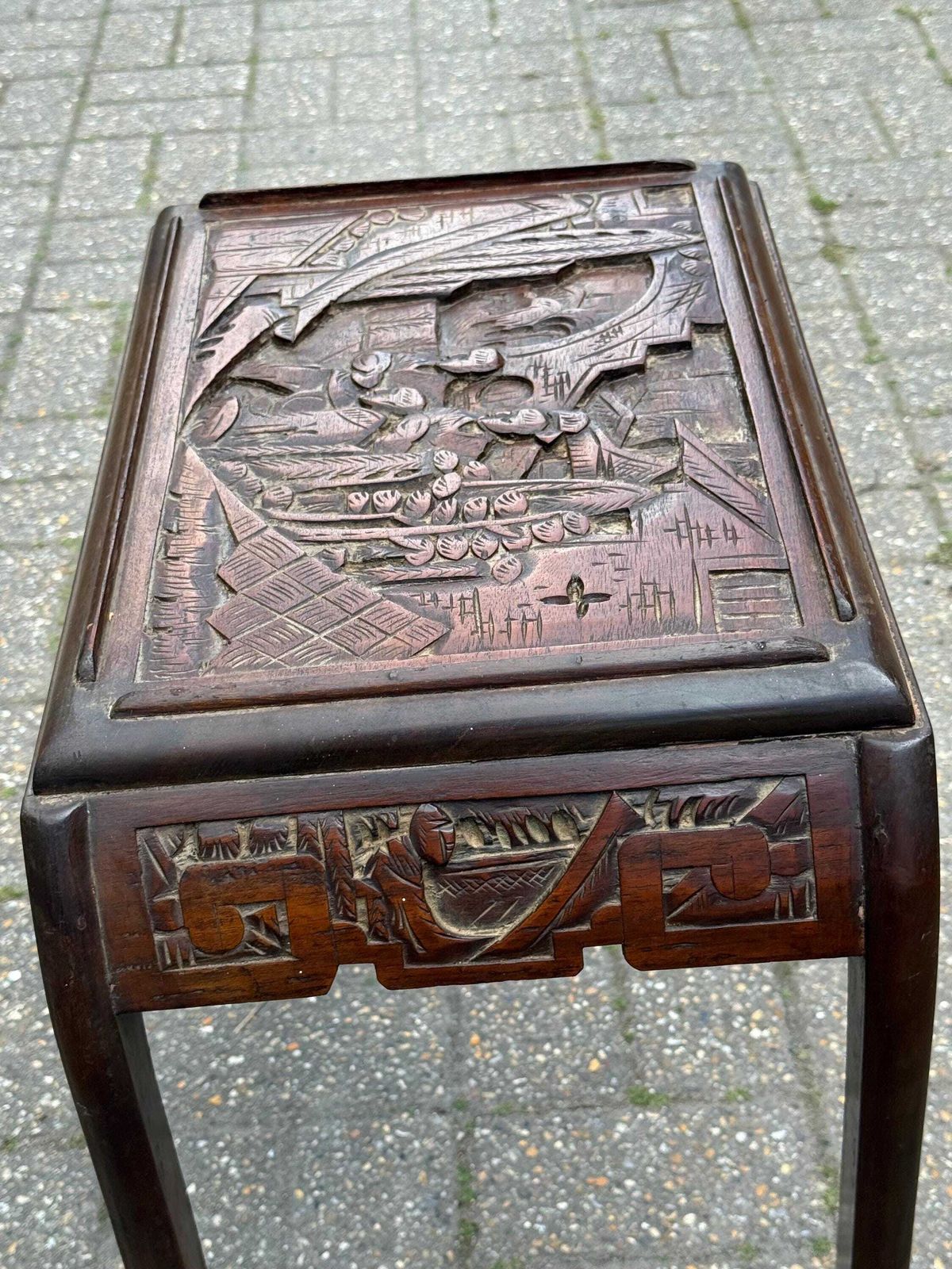 photo for sale Vintage Mid Century Carved Oriental Side Table Chinoiserie Dark Wood Accent