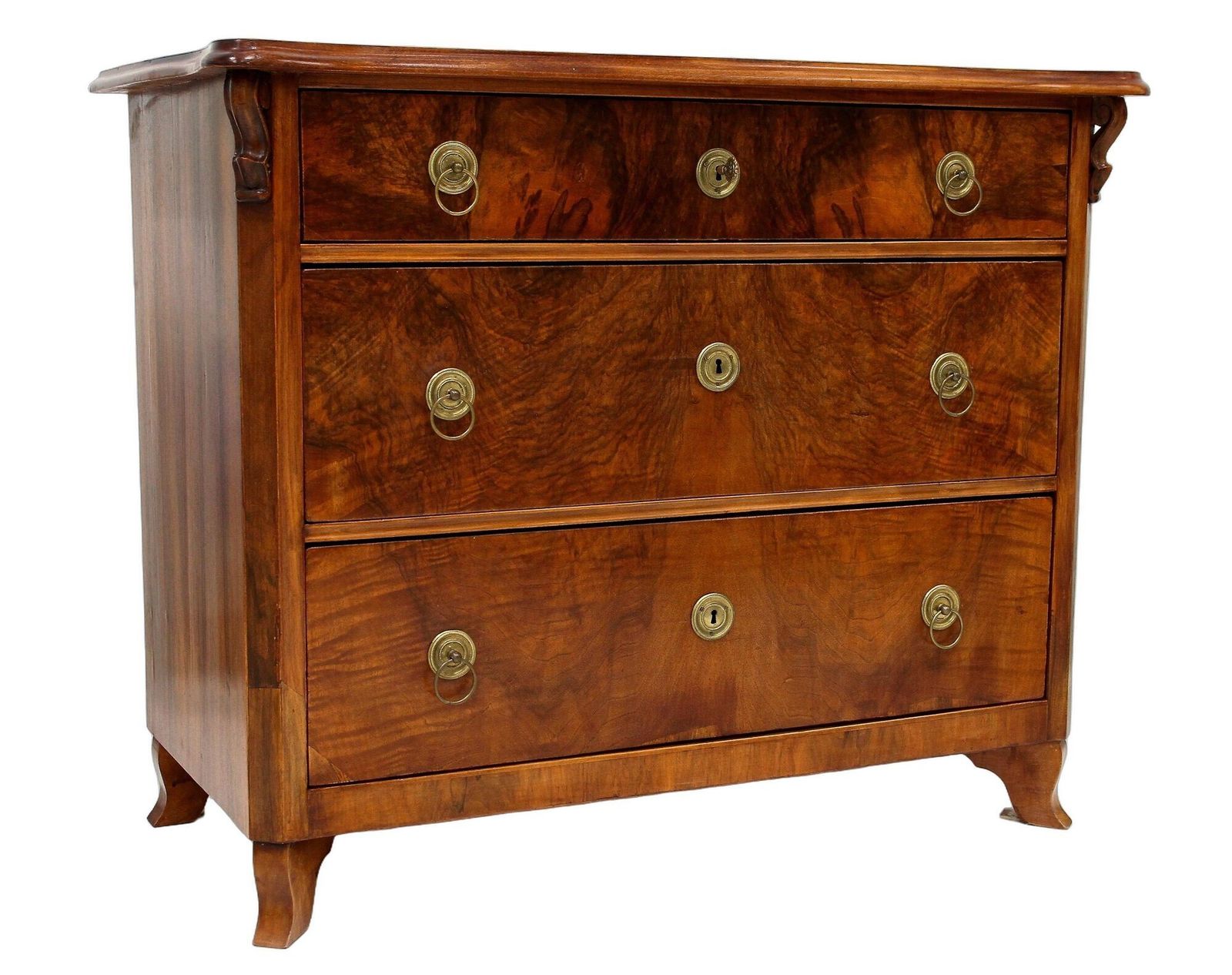 19th Century Biedermeier Chest Of Drawers With Carvings, Nutwood   At Ca. 1860